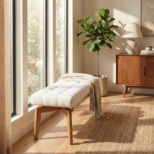 HNY White Upholstered Bench,End of Bed Bench | Entryway Bench Storage Bench Modern Tufted Floating Design Window Bench Seat for Living Room Indoor Hallway( Chenille) - color: White Chenille