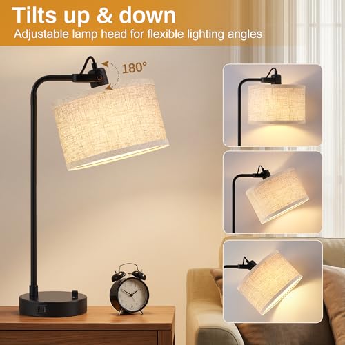Black Table Lamp Set of 2, USB A+C, 180° Adjustable Bedside Lamps, Dimmable | Bare Bulb Compatible, Industrial Nightstand Lamp with Linen Lampshade, LED Bulbs Included, Desk Lamp for Bedroom, Living Room - color: Black-A