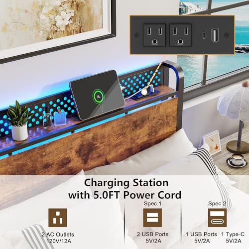 Queen Bed Frame with Headboard,Charging Station and LED Lights | Metal Platform Bed with Charging Station and LED Lights, Noise Free, Easy Assembly,No Box Spring Needed, Brown - size: Queen