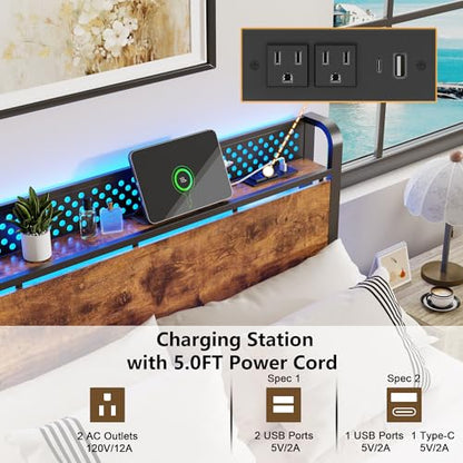 Queen Bed Frame with Headboard,Charging Station and LED Lights | Metal Platform Bed with Charging Station and LED Lights, Noise Free, Easy Assembly,No Box Spring Needed, Brown - size: Queen