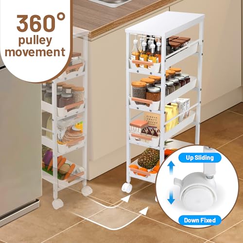 Slim Storage Cart, 5-Tier Narrow Rolling Kitchen Laundry Room Cart with Drawer and Wheels, Metal Utility Cart Slide Out Organizer for Small Spaces (White) - style: 5 Tiers-White