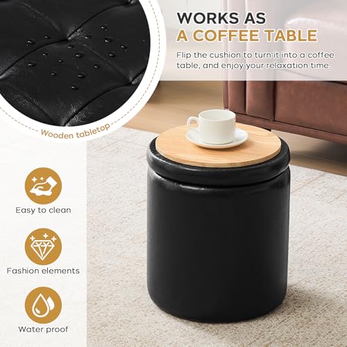 oakvivo Round Ottoman with Storage Set of 2, 12.6" W x 14.17" H & 14.76" W x 17.32" H Faux Footstool Storage Ottomans for Bedroom, Living Room Padded Coffee Table Ottomen, Black - color: Black