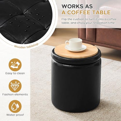 oakvivo Round Ottoman with Storage Set of 2, 12.6" W x 14.17" H & 14.76" W x 17.32" H Faux Footstool Storage Ottomans for Bedroom, Living Room Padded Coffee Table Ottomen, Black - color: Black
