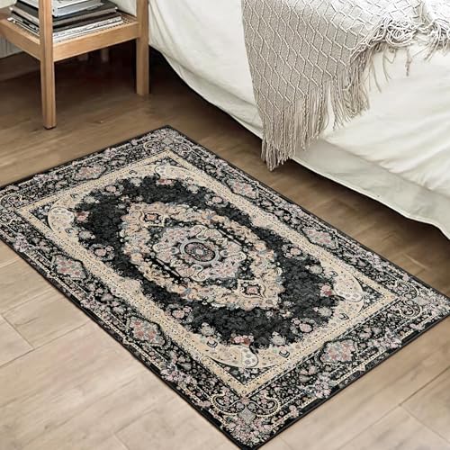 Small Rugs 2x3,Black Rug for Entryway Bathroom Bedroom Kitchen Entrance Doormat,Boho Vintage Bohemian Distressed Washable Accent Floor Throw Carpet Non Slip,Floral - color: Black, size: 2'x3'