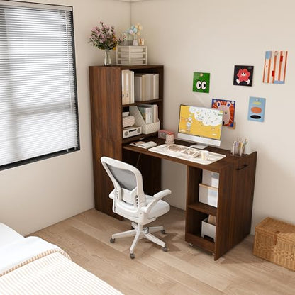 Foldable Office Desk, Fold Out Convertible Hidden Murphy Computer Desk with Storage Shelves, Multi-Function Folding Writing Table for for Small Spaces, Home Office (Walnut) - color: Walnut-a