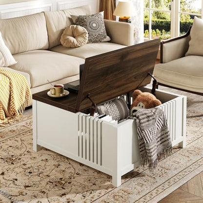 knoworld Farmhouse Lift Top Coffee Table with Storage, 35" Square Large Coffee Table with Hidden Compartment, Rustic Wood Center Table for Living Room, White