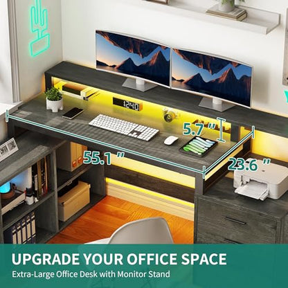 YITAHOME L Shaped Desk with 3 Drawers | 3 Drawers, Power Outlets & LED Lights, File Cabinet & Printer Stand, For Home Office - color: Grey