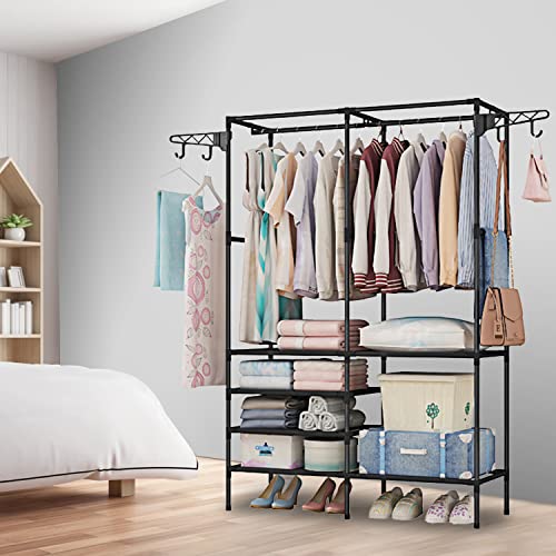 Clothes Rack, Multifunctional Metal Freestanding Garment Racks Closet Wardrobe Rack Organizer for Hanging Clothes Bedroom Laundry Living Room - size: Black 14.2"D x 42.1"W x 66.1"H