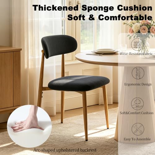 FREKEN Modern Upholstered Dining Chairs Set of 2, Mid-Century Metal Frame with Wood Grain, Linen Fabric Side Chair for Kitchen Dining Room, 350lbs Capacity, Black - color: Black - Wood Grain Legs, size: Set of 2
