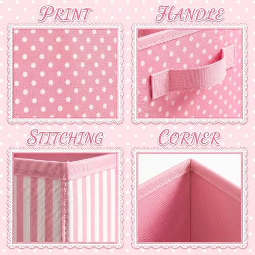 Marsui 4 Pcs Pink Floral Cube Storage Bins 11 Inch Pink Flower Storage Basket with Handle, Preppy Organizer Basket, Collapsible Fabric Box for Classroom Bedrooms Office Home Decoration Gift