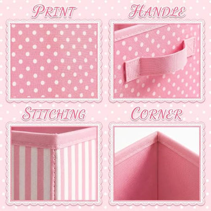 Marsui 4 Pcs Pink Floral Cube Storage Bins 11 Inch Pink Flower Storage Basket with Handle, Preppy Organizer Basket, Collapsible Fabric Box for Classroom Bedrooms Office Home Decoration Gift