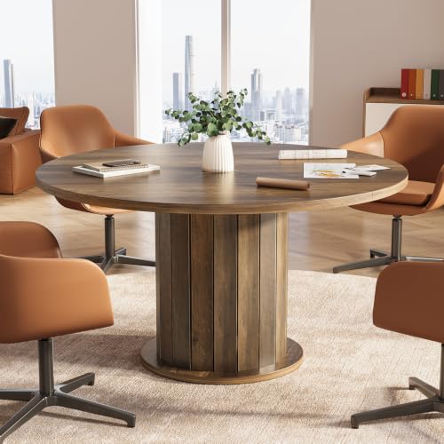 Tribesigns 47-Inch Round Conference Table with Sturdy Pedestal for 4-6 | Rustic Meeting Table with Thick Tabletop, Circular Office Table for Conference Room, Meeting Room, Home Office, Brown