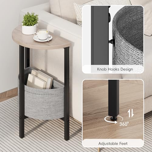 Small Round Side Table End Table, Tall Accent Table with Storage Basket, Set of 2 Half Round Tables Half Moon Tables, Coffee Bedside Tables, Modern Nightstand for Living Room Bedroom, Gray - color: Greige