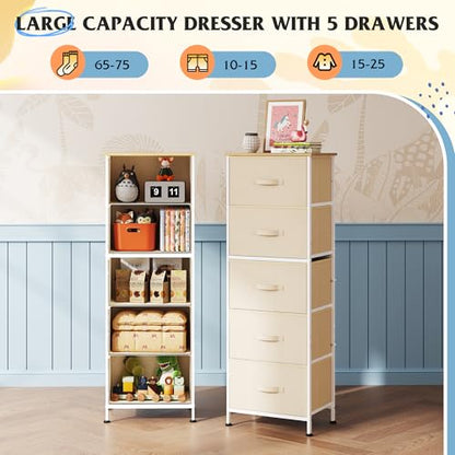 WLIVE Tall Dresser for Bedroom, 5 Drawer Dresser, Cream White | 5 vertical fabric drawers, Tall vertical design, Bedroom or closet use, Dresser for small spaces, Chest of drawers - color: Cream White