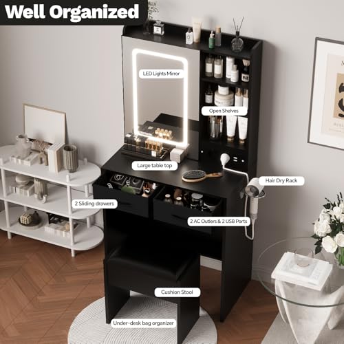 Black Makeup Vanity Desk with Mirror and Lights, Vanity Table Set with Charging Station, Dressing Table with Stool, 2 Drawers, Open Shelves, Power Outlets & USB Ports, Vanity Desk with RGB Cabinets - color: Black