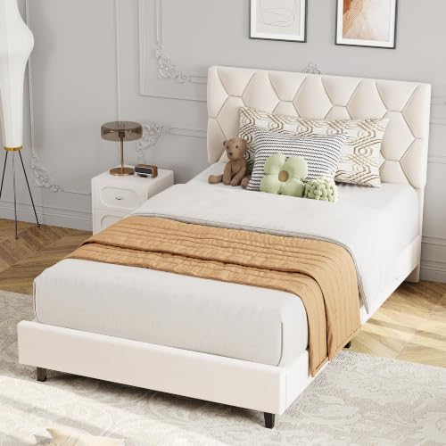 GAOMON Beige Twin Upholstered Bed Frame, Heavy-Duty Platform Bed Frame with Upholstered Headboard & Strong Wood Slats, No Box Spring Needed/Noise Free/Easy Assembly | Heavy-Duty Bed Frame with Wooden Slats Support Upholstered Mattress Foundation No Box Sp