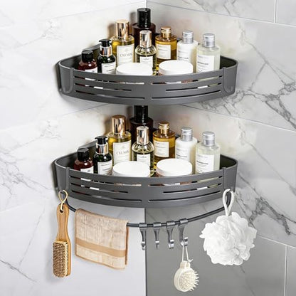 Matte Gray Corner Shower Shelf, 2-Pack Aluminum Bathroom Caddy Item Highlights No Drill Adhesive & Screw Mount, Rustproof Storage Rack with Towel Hooks for Shower, Toilet & Laundry Room