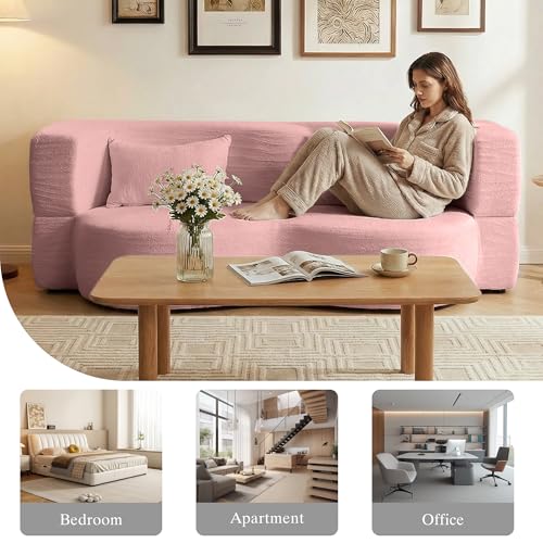 2-in-1 Folding Convertible Sofa Bed - 78 Inch Boneless Loveseat Sleeper, Foldable Floor Futon Couch with Pillow, Pull-Out Modular Matress for Small Spaces (Living Room/Bedroom/Dorm) (Pink) - color: Pink