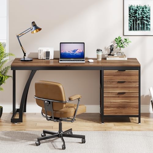 Tribesigns Computer Desk with 3 Drawers, 59-Inch PC Desk with Reversible Drawers, Industrial Study Writing Table Workstation with File Storage for Home Office, Walnut - color: Walnut