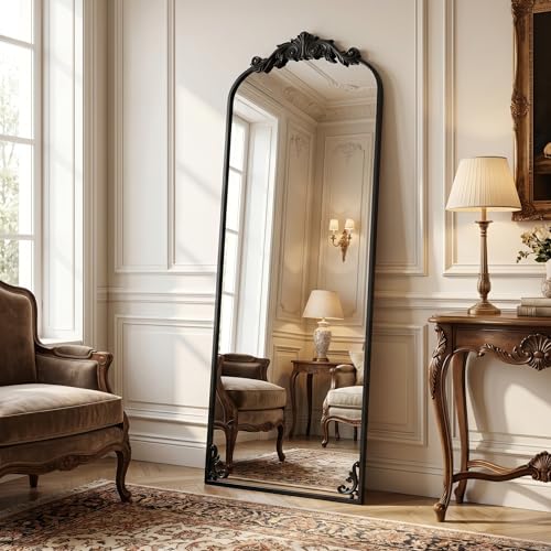 HARRITPURE 64"x21" Vintage Full Length Mirror, Arched Standing Mirror | Baroque Carved Floor Mirror with Metal Frame for Bedroom, Living Room & Entryway, Black - color: Black, size: 64"L x 21"W