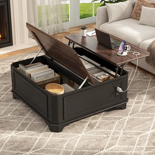 40 Inch Coffee Tables for Living Room Farmhouse Lift Top with Charging Station and Hidden Storage - Square Center Table with Adjustable Lifting Top and Large Storage for Bedroom, Home Office, Black - color: Black