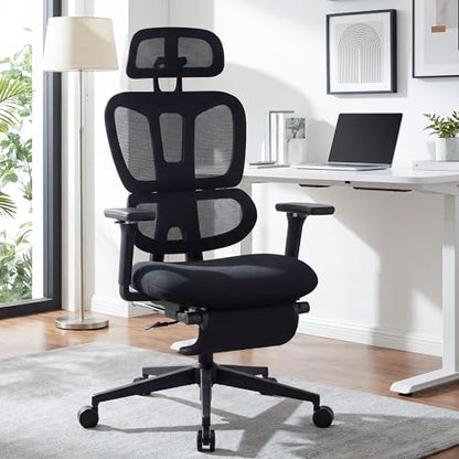 Ergonomic Office Chair with Footrest, 90-135° Reclining High Back Desk Chair with Lumbar Support, 2D Headrest, 4D Armrests, Computer Chair for Long Hours, Black - color: Black