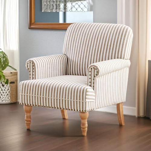 HUIMO Linen Fabric Accent Chair, Mid-Century Modern Armchair with Solid Wood Legs, Single Sofa Chair,Upholstered Reading Club Chair (1, Brown and White Stripe) - color: Brown and White Stripe