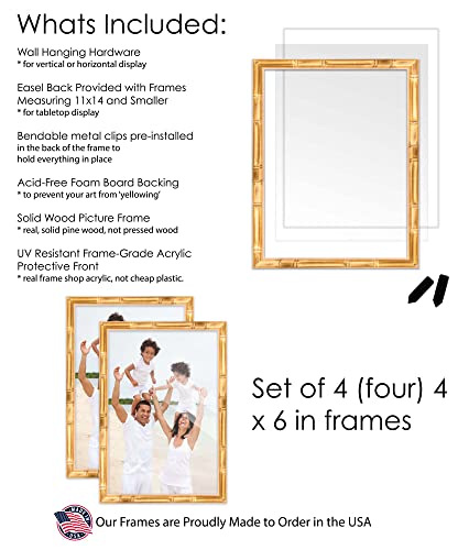 Pack of 4 Gold Bamboo 4x6 Picture Frames | Solid Wood | UV-Resistant Acrylic | Easy Gallery Wall Setup - color: Gold Bamboo, size: 4X6