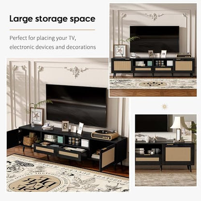 Modern Black Rattan TV Stand for 85 inch TV, 79 inch Farmhouse Media Console with Solid Wood Legs and Cable Management, Large Entertainment Center with Storage Cabinets for Living Room - color: Black