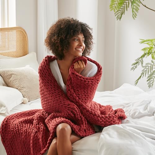 Madison Park Chunky Double Knit All Season Throw Blanket, 50 x 60, Red | Ultra Soft, Acrylic, Cozy Warmth for Sofa or Bed, Lightweight, Boho, OEKO-TEX Certified - color: Red