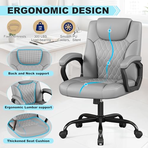 Misolant Office Chair, Executive Desk Chair, PU Leather Comfortable Ergonomic Chairs with Fixed Armrest, Adjustable Height, Rocking Function, 360° Swivel Wheels, Gray - color: Grey