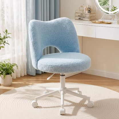 DurayLoly Vanity Chair with Wheels,Open Back, Armless,Light Blue | Chair Soft Teddy Fabric 6" Thick Cushion, Height Adjustable 17.5"–21.5", 360° Swivel for Vanity Table, Home Office - color: Light Blue