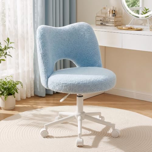 DurayLoly Vanity Chair with Wheels,Open Back, Armless,Light Blue | Chair Soft Teddy Fabric 6" Thick Cushion, Height Adjustable 17.5"–21.5", 360° Swivel for Vanity Table, Home Office - color: Light Blue