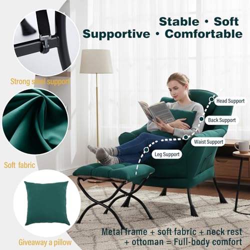 Lazy Chair with Ottoman, Comfy Reading Chair for Bedroom, Green | Comfy Bedroom Accent Chair with Washable Removable Cover and extra throw pillow for Living Room Dorm - color: Peach Dark Green-1