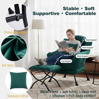 Lazy Chair with Ottoman, Comfy Reading Chair for Bedroom, Green | Comfy Bedroom Accent Chair with Washable Removable Cover and extra throw pillow for Living Room Dorm - color: Peach Dark Green-1