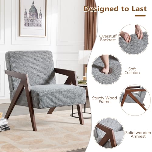 Bonzy Home Mid-Century Modern Accent Chair Set of 2 with Wood Frame, Upholstered Armchair for Bedroom & Living Room, Linen Fabric Cushion, Z-Shaped Armrest Design, Sturdy Lounge Chair - color: Light Gray, size: 2PCS
