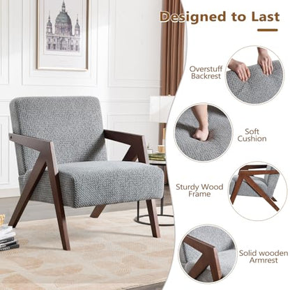 Bonzy Home Mid-Century Modern Accent Chair Set of 2 with Wood Frame, Upholstered Armchair for Bedroom & Living Room, Linen Fabric Cushion, Z-Shaped Armrest Design, Sturdy Lounge Chair - color: Light Gray, size: 2PCS
