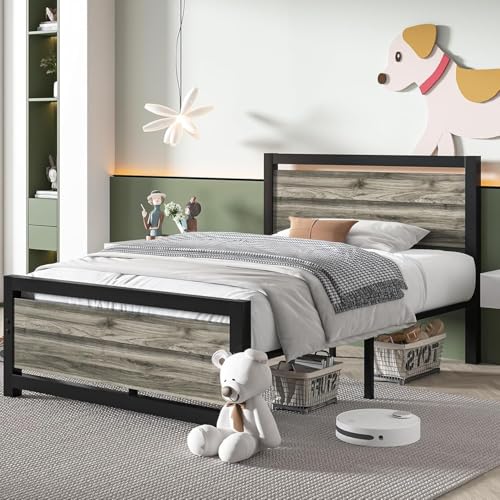 Twin Size Bed Frames, Twin Bed Frames with Headboard and Footboard, Heavy Duty Metal Twin Platform Bed Frame, Noise-Free, No Box Spring Needed, Easy Assembly, Wash Grey - color: Wash Grey, size: Twin