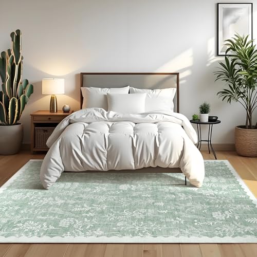 GarveeHome Washable 8x10 Area Rugs for Living Room Scalloped Floral Bedroom Rug, Non-Slip Stain Resistant Dining Table Carpet, Botanical Large Rug Neutral Carpet for Farmhouse Dorm Home Office, Green