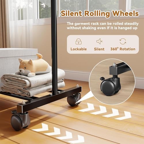 Standard Clothes Garment Rack, Portable Double Clothing Rack with Wheels and Bottom Shelf, Rolling Wardrobe Rack for Bedroom, Laundry Room, Black