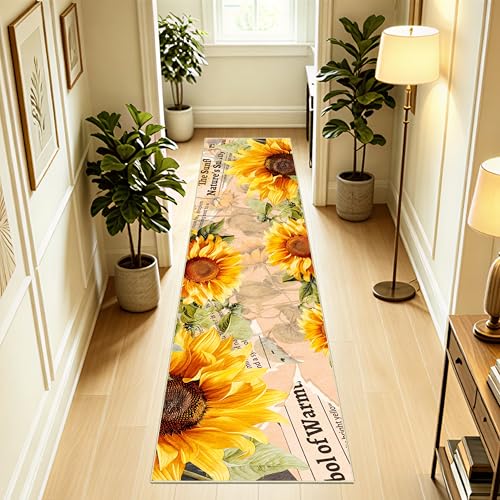 AooHHooA Sunflower Runner Rug 2x8, Non-Slip Washable Yellow Rug for Hallway | Modern Rustic Low Pile Sunflower Runner Rug with Non-Slip Backing, Long Rug for Hallway Kitchen Entryway Laundry - color: Sunflower-2, size: 2' x 8' (Runner)