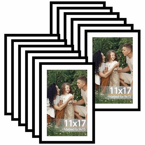 JCJMY 12 Pack 11x17 Picture Frame with 9x15 Mat, Display 9x15 with Mat or 11x17 Without Mat, 11 by 17 Frames Bulk Set of 12 Gallery Collage Wall Decor Photo Frames Set for Wall, Black - color: Black, size: 11x17 inch