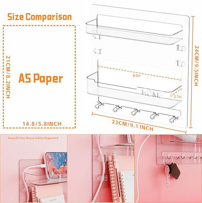 Bedside Shelf for Dorm Bed,Rv,Small Room and Nightstand,Wall Mounted Floating Shelves and Bedside Wall Organizer for Remote,Phone Holder,Charging Shelf,Cute Bedroom Decor for College Girl,Clear