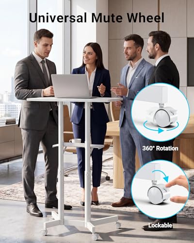 BONTEC Lecterns & Podiums Portable Mobile Standing Laptop Desk, Sit Stand | Height Adjustable, Home Office Classroom Pulpit Stand Up Desk Workstation, Rolling Table Laptop Cart with Storage Tray, White - color: White