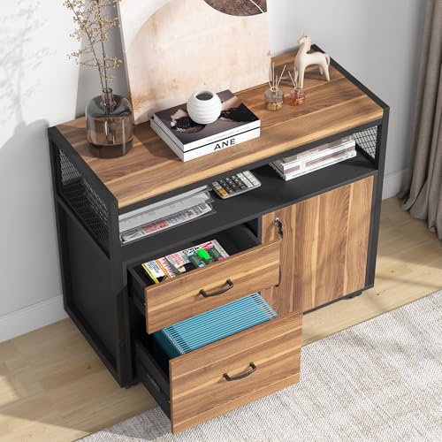 Tribesigns 63" Executive with Drawer Cabinet, L Shaped Desk and Lock lateral File Cabinet, 2 Piece Home Office Furniture Set with Drawers for Hanging File, (Brown, 63 inches) - color: Brown, size: 63 inches