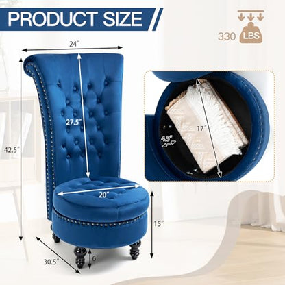 AVAWING High Back Velvet Tufted Throne Chairs with Storage Set of 2, Blue | Tufted Nailhead Design; Hidden Storage; Soft Velvet; Sturdy Wood Legs 330Lbs; High Density Foam; Ergonomic Back - color: Blue