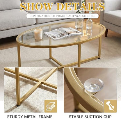 Wolawu Coffee Table Gold Oval Glass Coffee Tables for Living Room,Modern Gold Metal Frame Tea Tables for Small Space, Tempered Glass Top Center Table with Stable Cross Base for Bedroom, Office,Balcony - color: Gold Glass