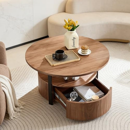 33.07" Round Coffee Table with Storage, 2 Tier Modern Wood Center Table with Drawer, 2 Tiers and 1 Drawer, Accent Table for Living Room, Apartment, Small Space.(Walnut) - color: Walnut-a