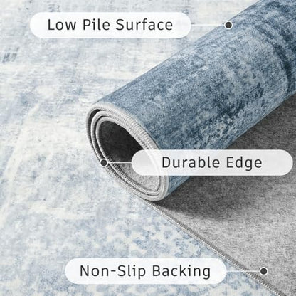 DCX Washable Abstract Area Rug 5x7, Non Slip Low Pile Rug, Blue | Easy to clean, non-shedding, soft, kid & pet friendly, with a non-slip rubber backing for living rooms, bedrooms, and offices - color: Blue, size: 5' x 7' (Rectangular)