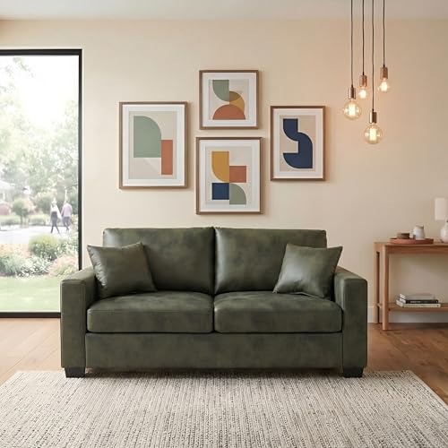 Eafurn 69" Small Loveseat Sofa Couch, Mid-Century Modern PU Leather 2-Seater Sofa with Wood Frame & 2 Pillows, Compact Space-Saving Couch for Living Room, Apartment, Office - color: Olive Green 69"